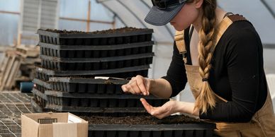 Woman planting seeds in trays inside a greenhouse.