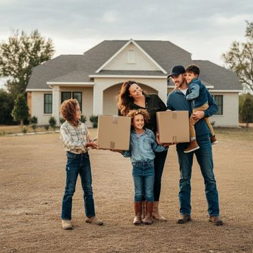 A happy family carrying moving boxes in front of their new house.