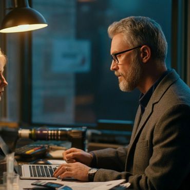 Man in glasses working on a laptop in a dimly lit room.