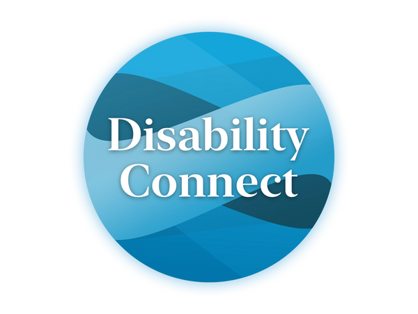 Disability Connect logo. The text is white and the background is different shades of blue.