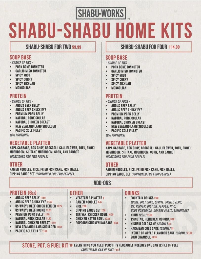 Shabu-Works® Home Kits Menu - Take the flavors of shabu home with you. Mira Mesa and San Marcos