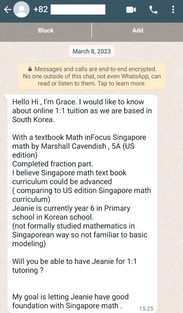 An overseas parent enquiry on our best PSLE Math Tuition service!