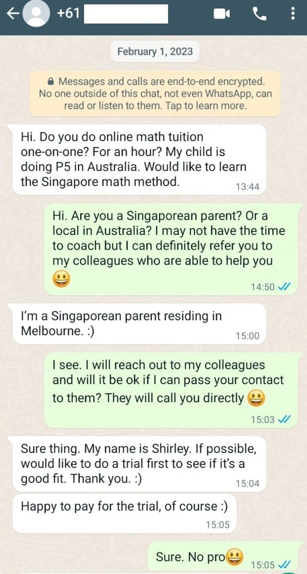 An overseas parent enquiry on our best PSLE Math Tuition service!