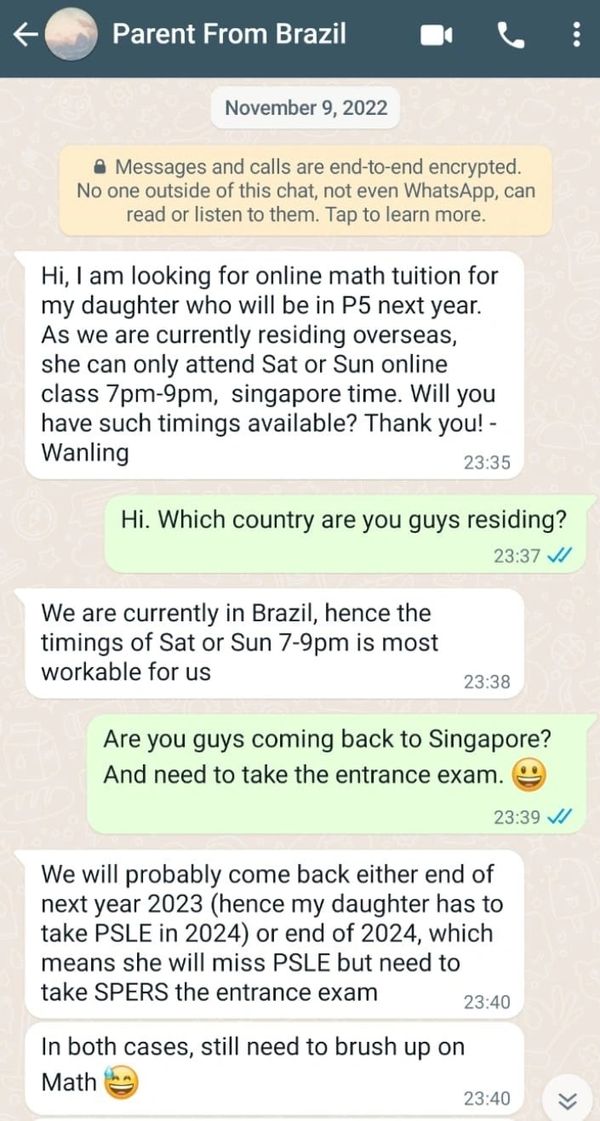 An overseas parent enquiry on our best PSLE Math Tuition service!