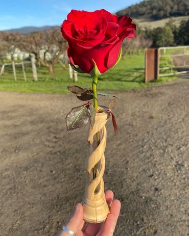 Turned and spiral carved Huon Pine bud vase with test tube insert