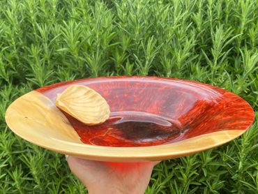 Resin and Huon Pine baptismal basin and hand carved scallop shell scoop