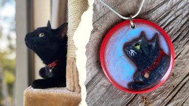 Comparison of Miley the cat and side 1 of the completed timber & resin pendant