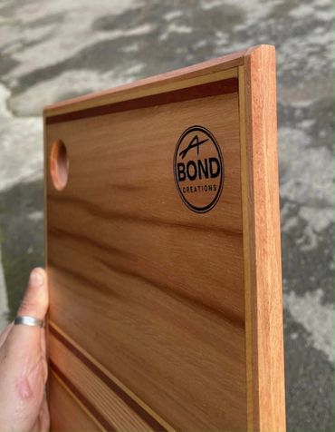 Completed cheese board, from reclaimed Red Gum, Huon Pine, Blackwood and Celery Top