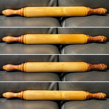 Restored antique rolling pin, featuring new Blackwood handles with Huon Pine inlay