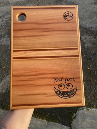 Completed cheese board, from reclaimed Red Gum, Huon Pine, Blackwood and Celery Top