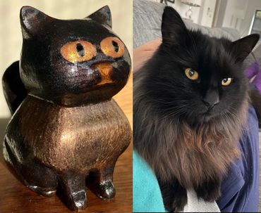Comparison photo of the caricature and Midnight the cat