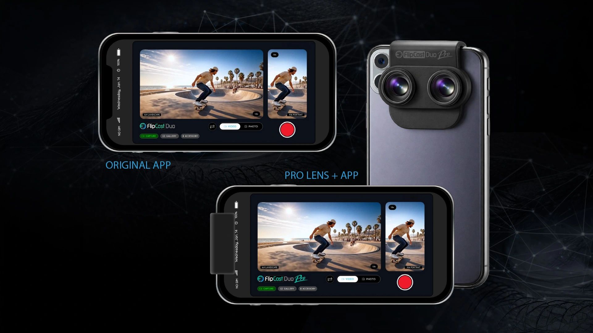 Group shot of FlipCast-Duo App and Hardware