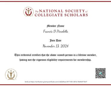 Lifetime membership of the NSCS. Frank Piccolella. The National Society of Collegiate Scholars.