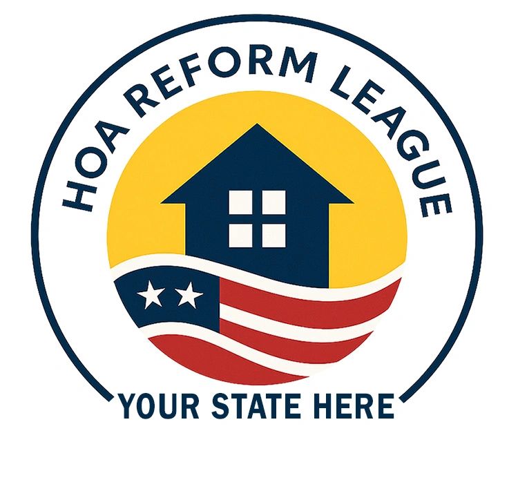 HOA Reform League logo with house and American flag elements.