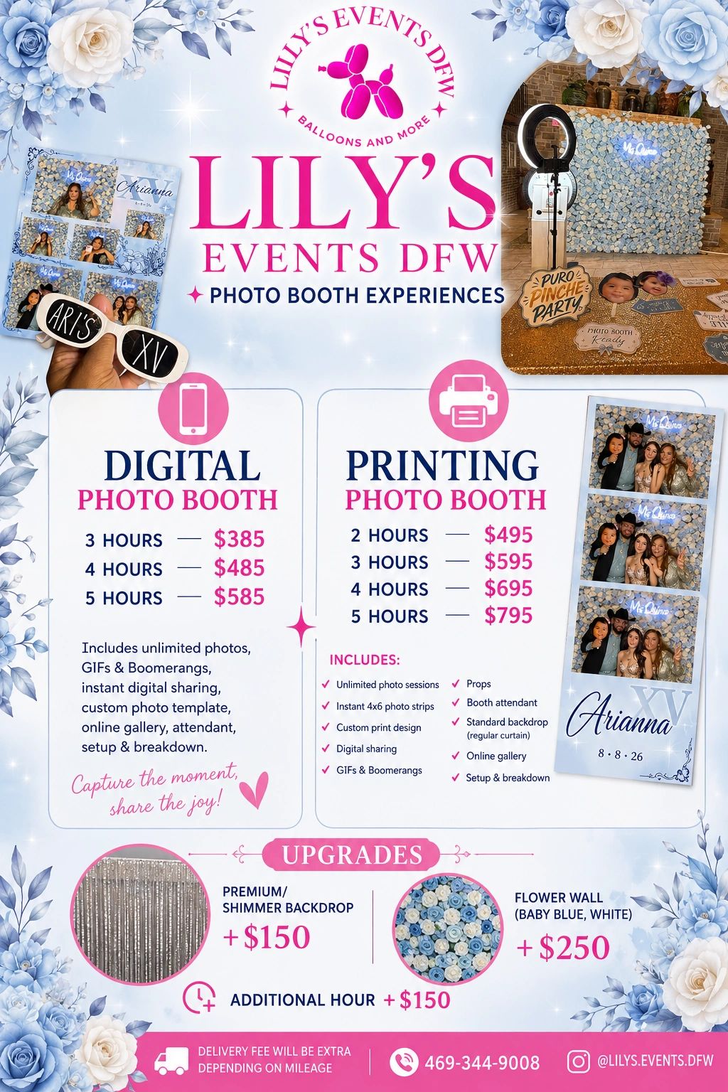 Lily's Events DFW photo booth pricing and services flyer.