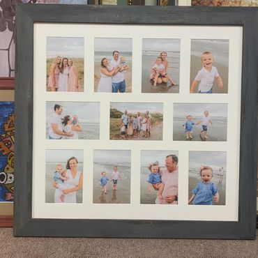 Framed family photos from a beach outing.