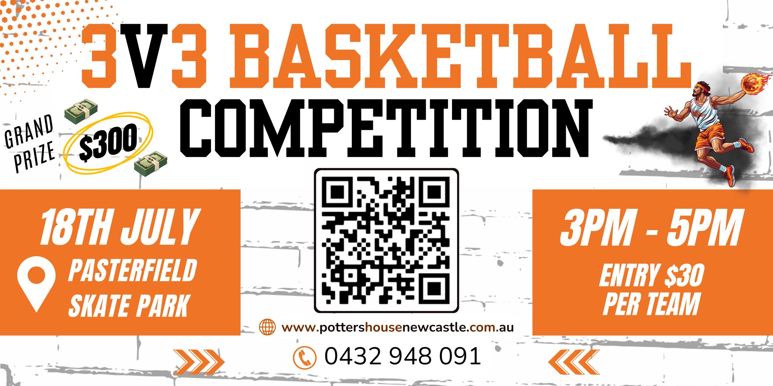 3V3 Basketball competition with $300 prize on 18th July at Pasterfield Skate Park.
