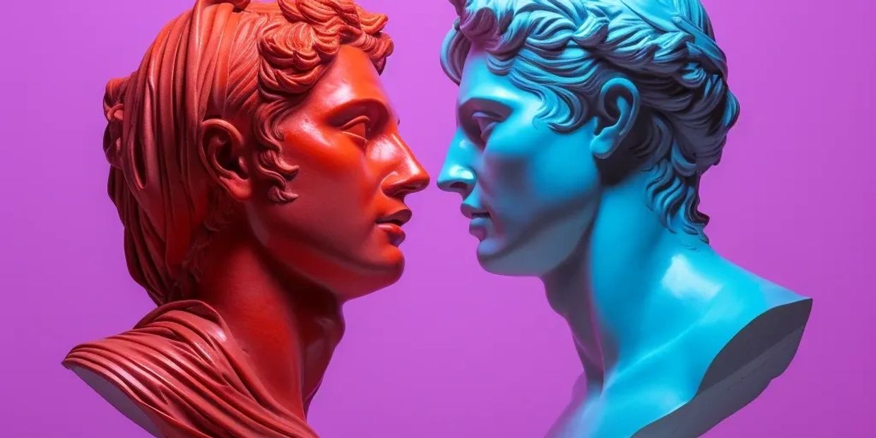 Red and blue classical busts facing each other against a purple background.