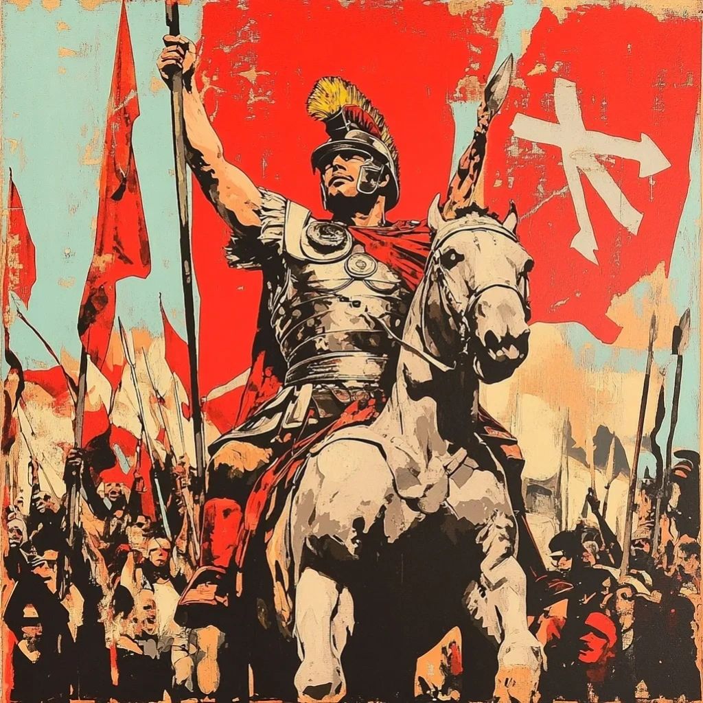 Roman soldier leads cavalry with spears and red banners.