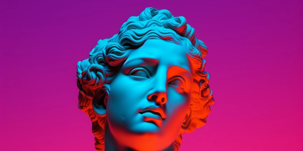 Blue and red-lit classical statue head on purple background.