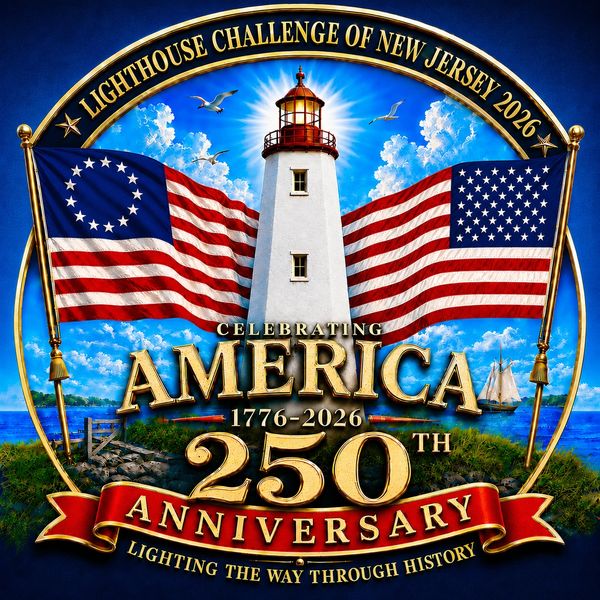 250th anniversary of America with lighthouse and flags.