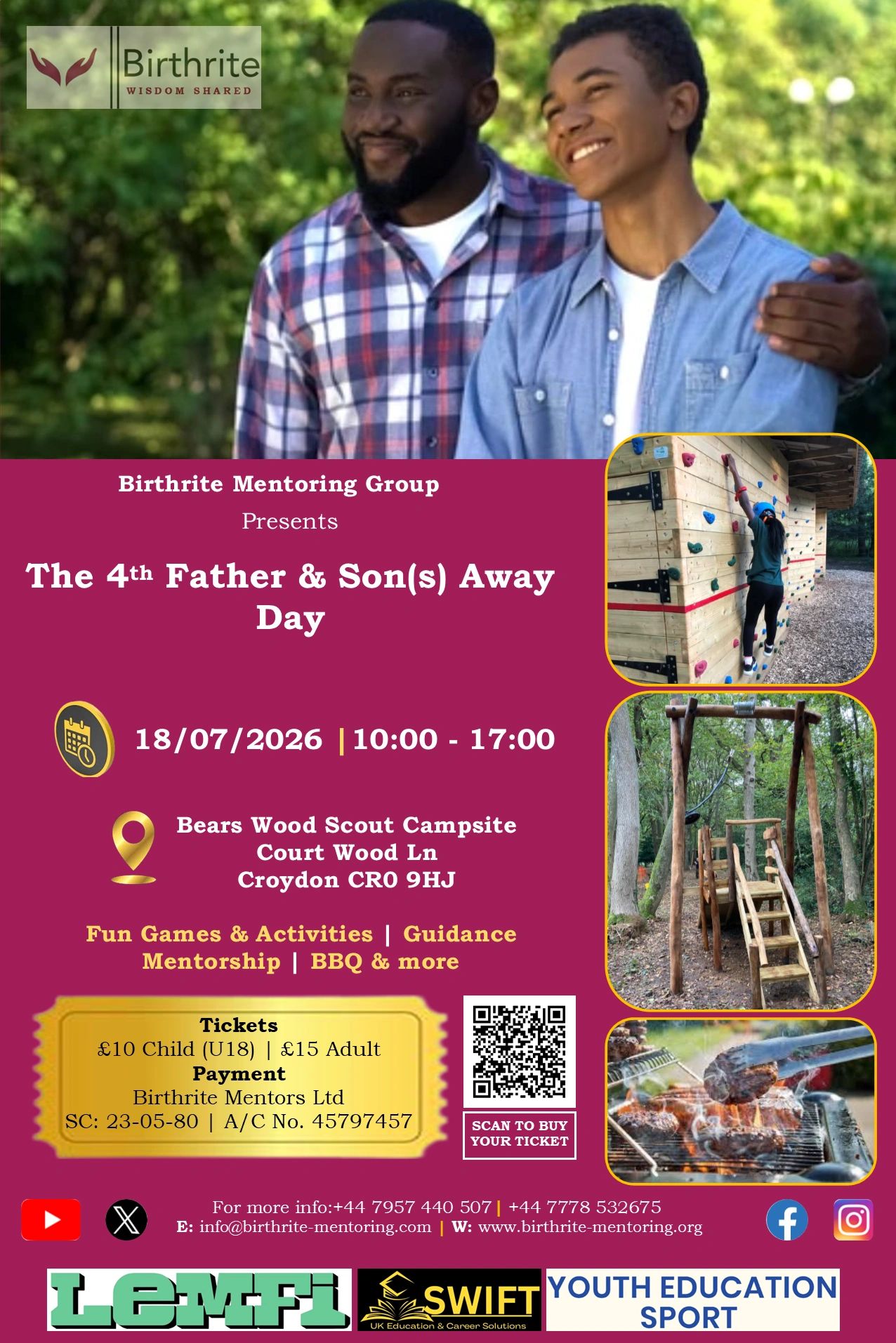 Event poster for the 4th Father & Son(s) Away Day by Birthrite Mentoring Group.