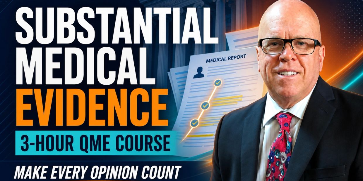 Substantial medical evidence 3-hour QME course advertisement.