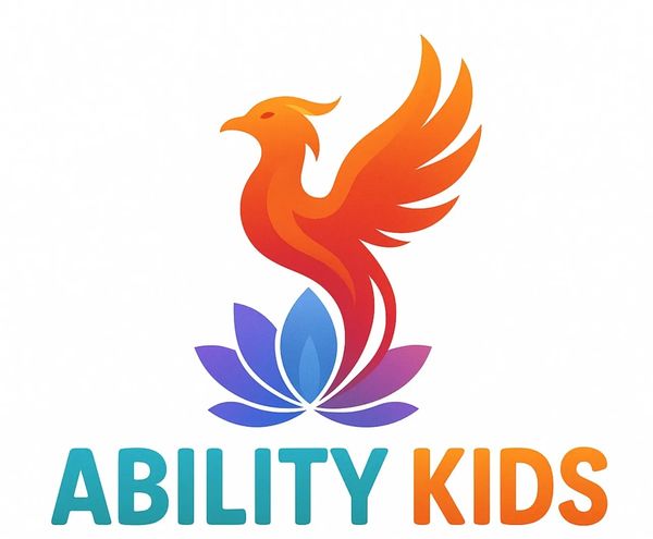 Colorful phoenix rising above a blue and purple lotus with Ability Kids text.