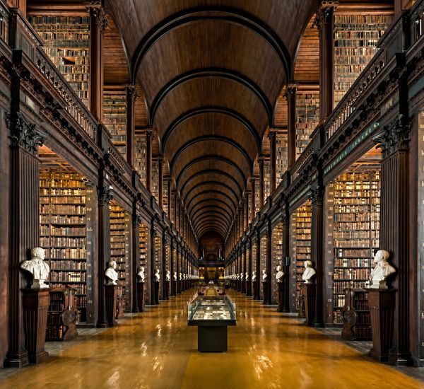 Grand library with wooden arches and bust sculptures.