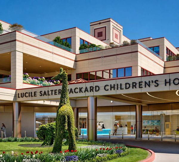 Entrance of Lucile Salter Packard Children's Hospital with plant sculptures.