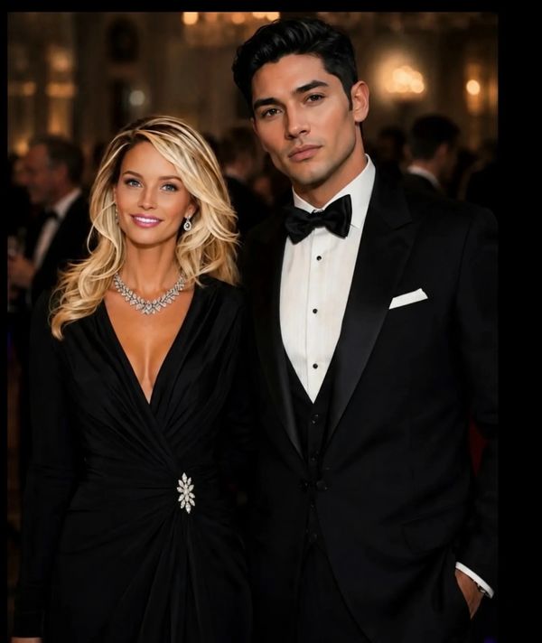 Elegant couple poses in formal black attire at a glamorous event.