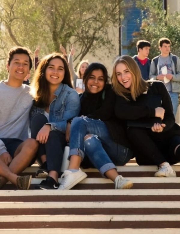 Group of four friends sitting and smiling on steps outside.