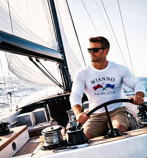 Man steering a sailboat on a sunny day.
