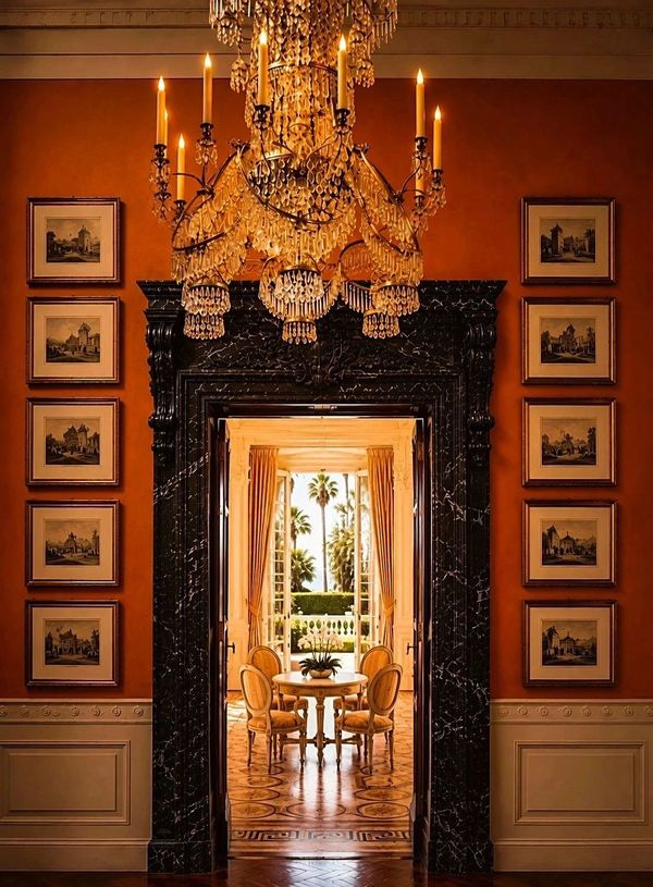Elegant doorway with chandelier and framed artwork.
