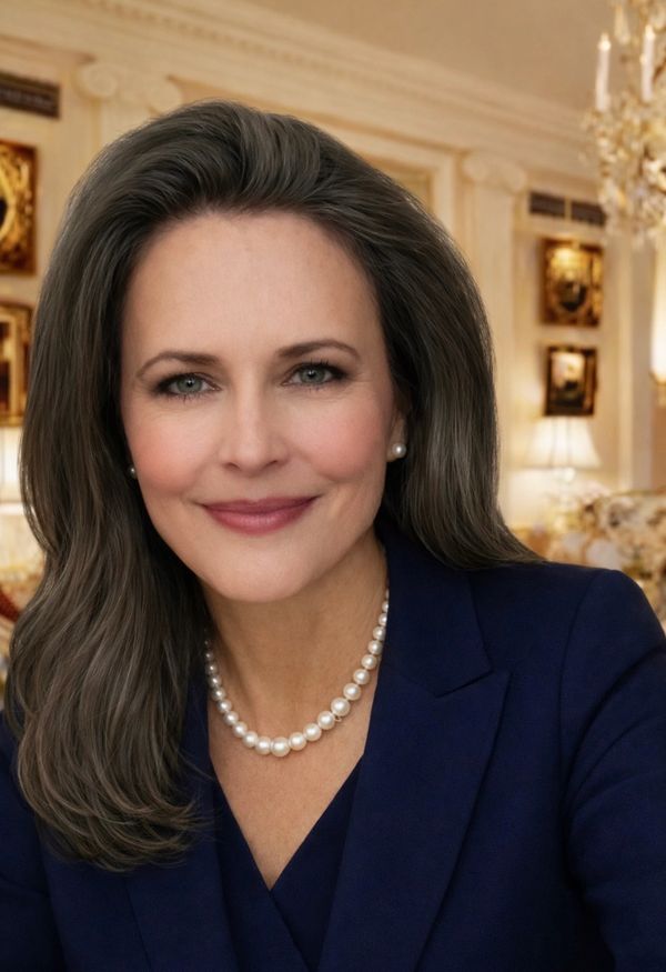 Elegant woman in navy blue suit with pearl necklace.