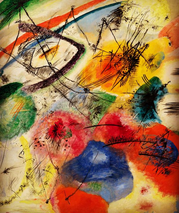 Abstract colorful painting with lines and shapes.