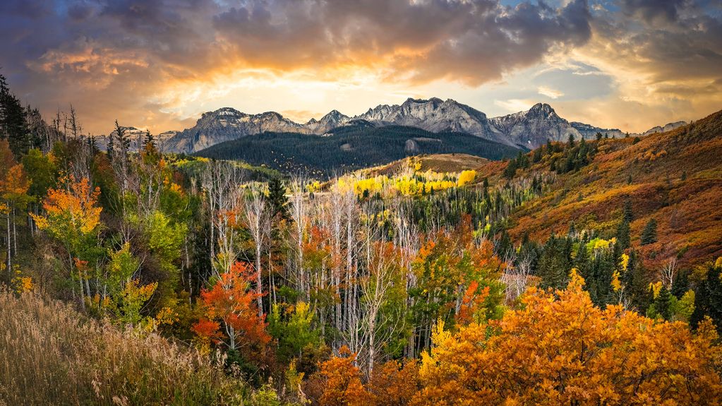 Colorful autumn trees with mountains under a dramatic sunset sky.