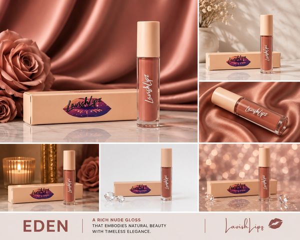 Elegant nude lip gloss with luxurious packaging and rose accents.