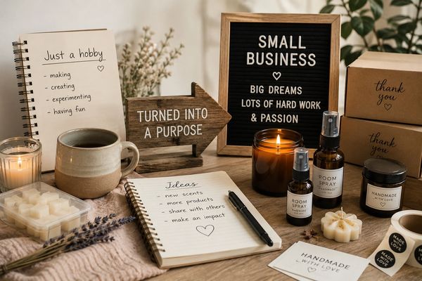 Cozy workspace with handmade small business products and motivational notes.
