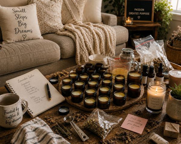 Cozy candle-making setup with inspirational quotes and natural ingredients on a wooden table.