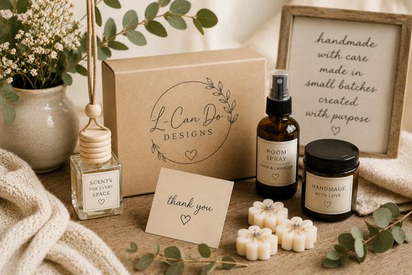 Elegant handmade scented products and decor arranged on a wooden surface.