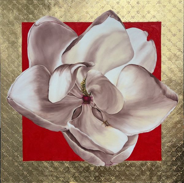 Large white flower with insect on red and gold background.