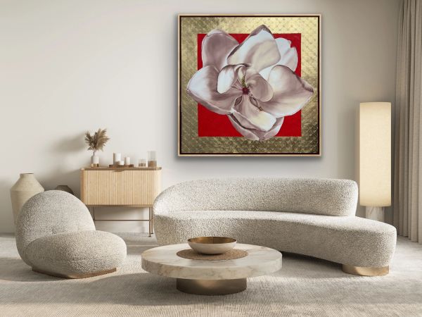 Modern living room with textured furniture and floral artwork.