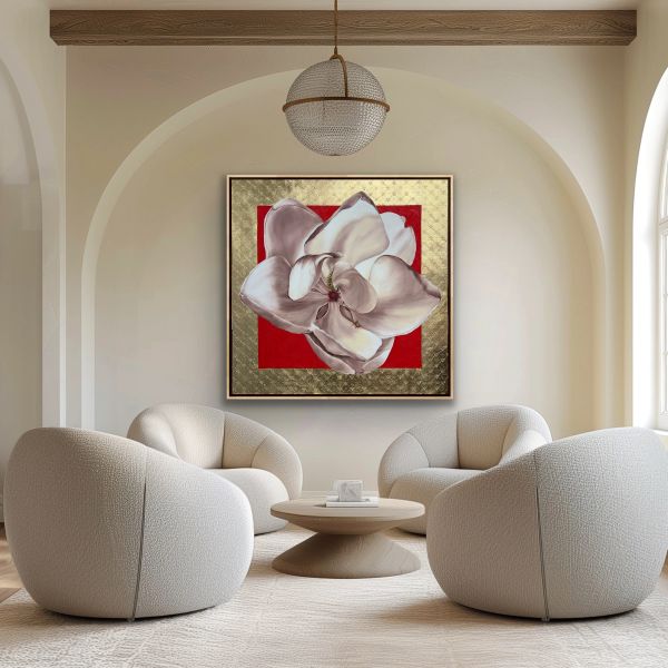 Cozy seating area with floral artwork.