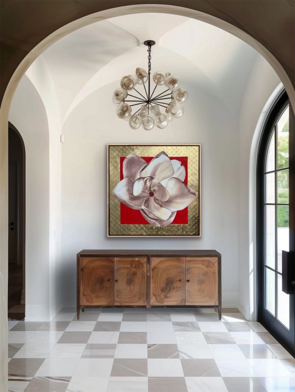Elegant hallway with wooden sideboard and floral artwork.