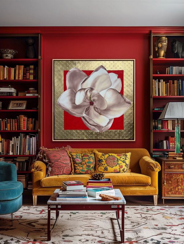 Cozy living room with a mustard sofa and floral wall art.