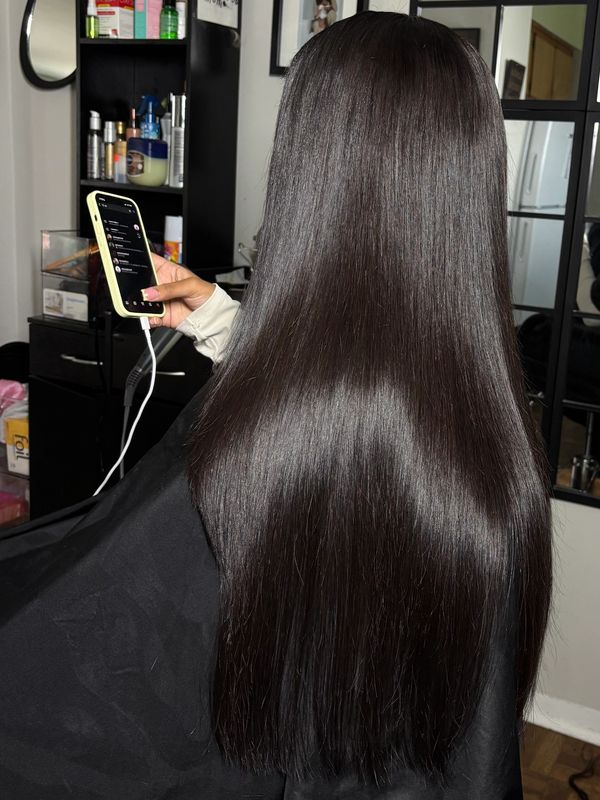 Long, smooth, shiny black hair.