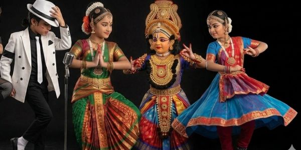 Children performing diverse cultural dances in elaborate costumes.