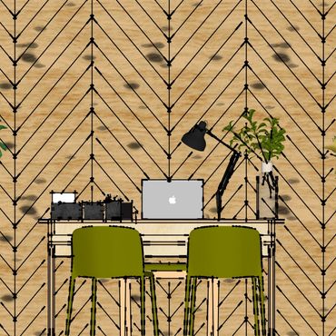 Modern workspace with wooden chevron wall, olive chairs, and laptop.
