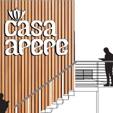 Modern building exterior with Casa Apeee logo and silhouetted figures.